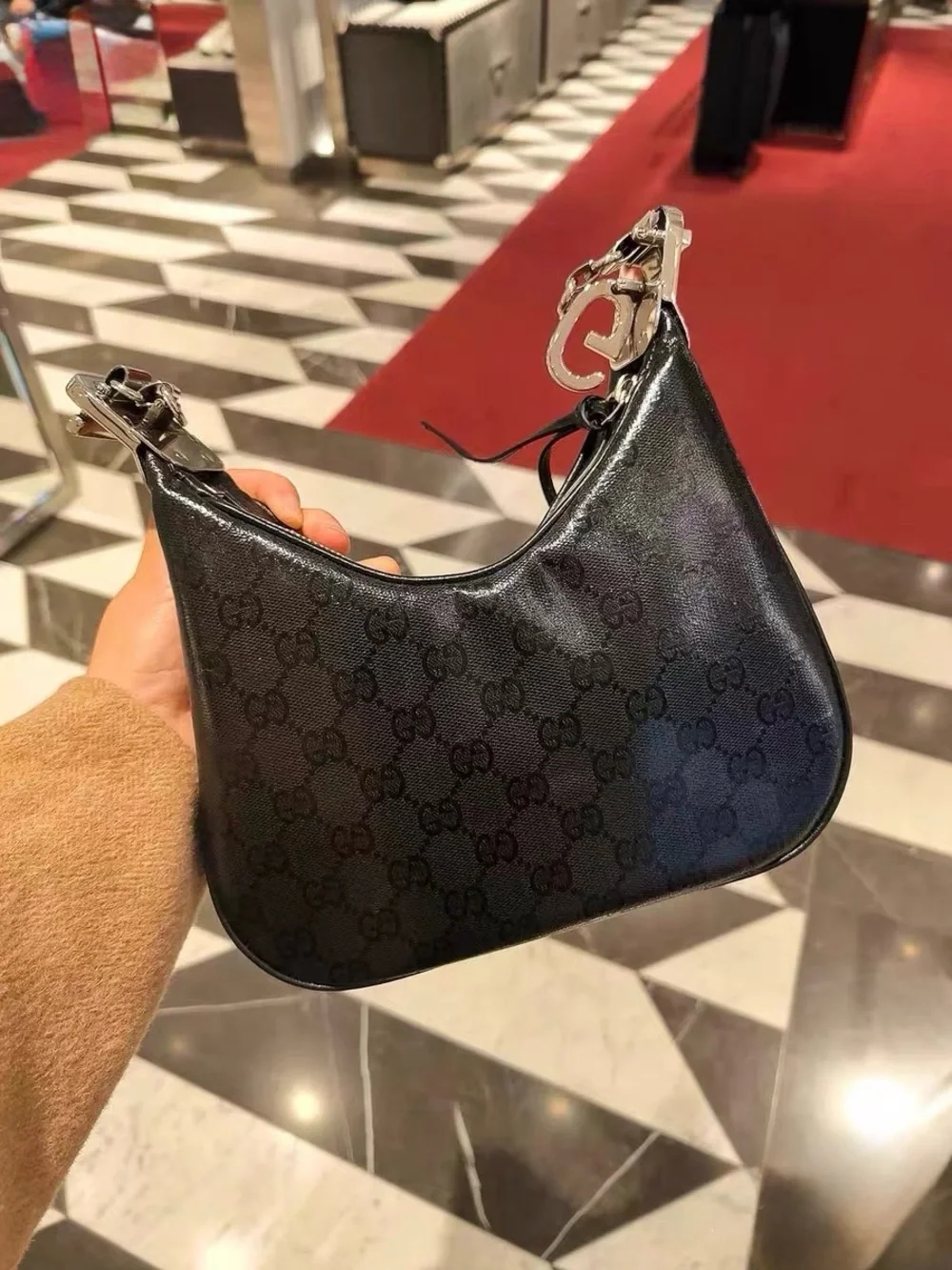 Gucci Black GG Monogram Crescent Shoulder Bag with Red-Blue Web Strap